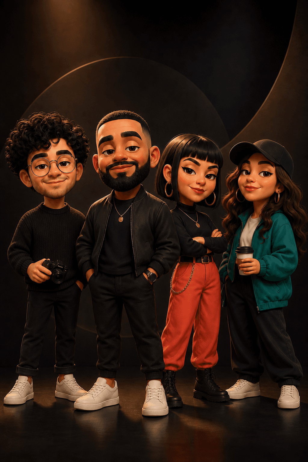 Four original compact illustrated characters with individualized faces, hair, outfits, and personalities